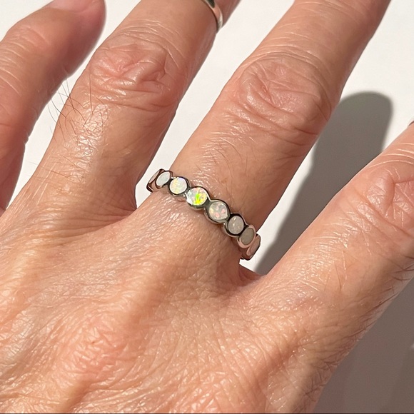 💕TOP SELLER💕 Silver Eternity White Lab Opal Band, Silver Ring, Wedding Bands - Picture 2 of 12